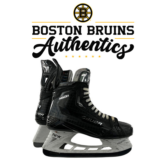 Pair of team-issued hockey skates with the Bruins Authentics logo above